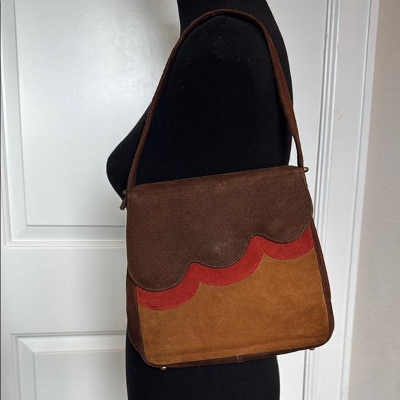 Vintage Brown and Red Suede Shoulder Bag w/ unique scalloped flap & snap button - Picture 1 of 10